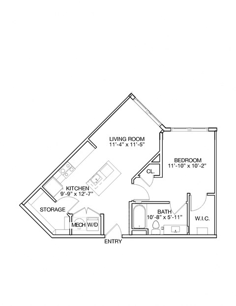 Floor plan for 1 bed, 1 bath, 705 sqft